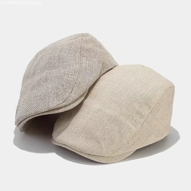 1 piece of summer mens beret linen leather hat adjustable hat breathable retro solid black ivy duckbill hat Boinas Para MUJI 241007