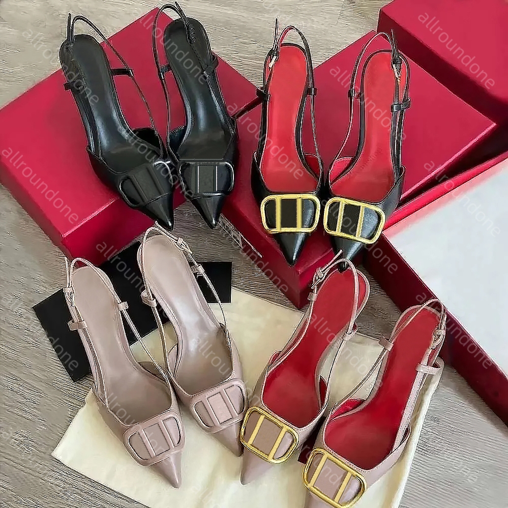 High Heels Designer Sandals Classics Metal Buckle V Pointed Toe Thin Heel slingback heels Summer Genuine Leather Woman Wedding Shoes 4cm 6cm 8cm 10cm Dress shoes 35-42