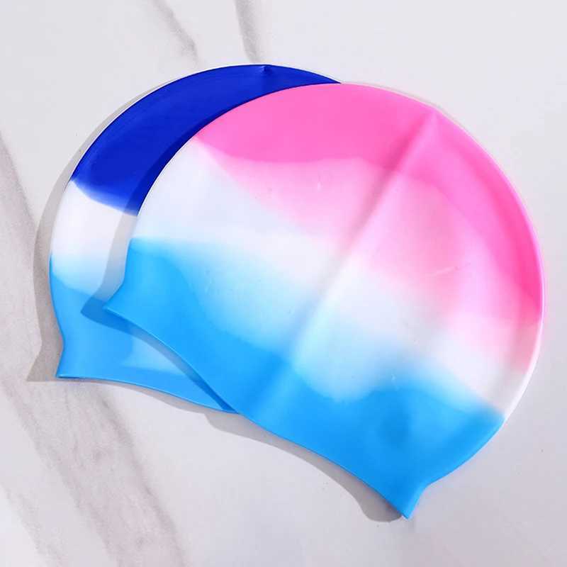 Silicone adult waterproof swimming cap gradient color dry hair swimming cap suitable for men women ear protection swimming cap swimming accessories CL