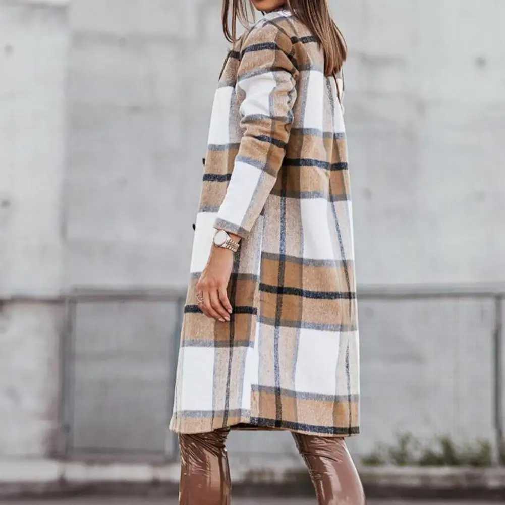 2023 Womens Fashionable Spring Coat Vintage Coat Plaid Print Warm Medium Length Jacket Coat Lapel Autumn CoatX241009