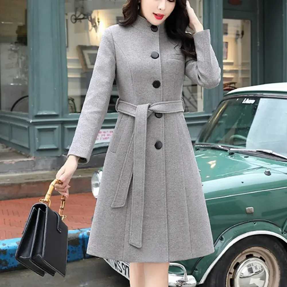 Trendy Women Outwear Long Sleeve Super Soft Women Woolen Coat Slim Fit Belt Trench CoatX241009