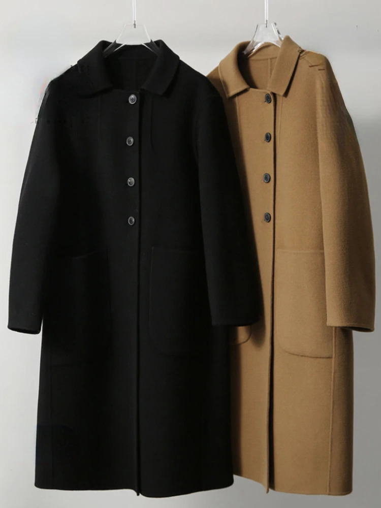 Long Blend Wool Coat Elegant Office Lady Warm Autumn Winter Cozy Simple Loose Fashion Pockets Streetwear 240930