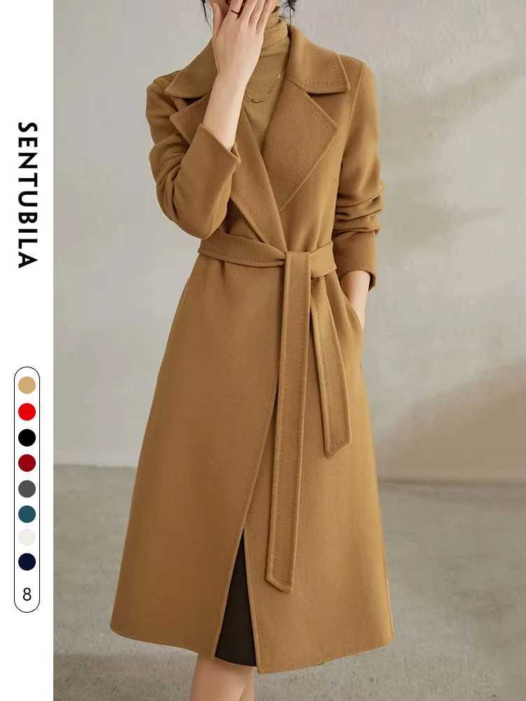 SENTUBILA Women 100% Wool Long Coat 2024 Elegant Notched Belted Straight-cut Warm Double Faced Woolen Winter Overcoat W24O43352X241009
