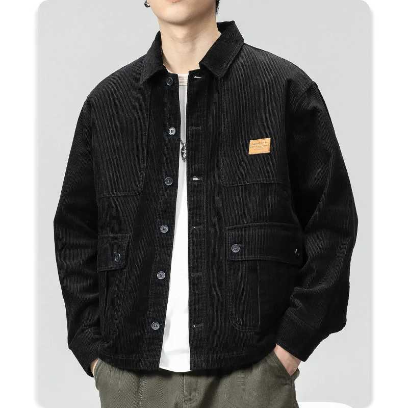 Mens fashion vintage corduroy coffee color cargo shirt casual loose coat LX241009