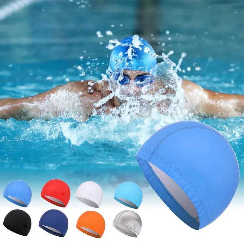 New 2023 elastic waterproof PU fabric for ear protection long hair sports pool cap swimming cap free sizes for both male and female adults CL241009