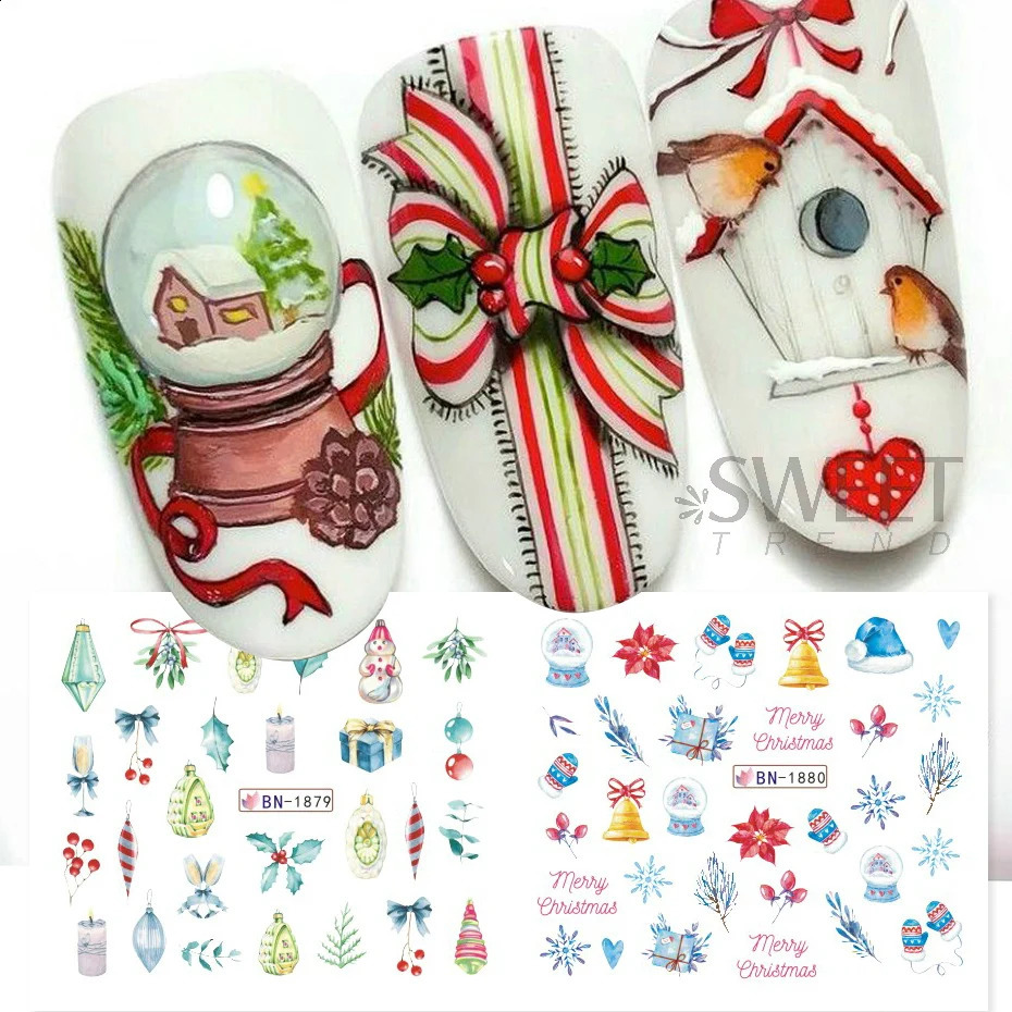 12 Christmas Happy Waternail Stickers Gonk Elk Cookie Snowflake Celebration Ball Sliders Winter Year Handmade Decorative Foil 241008