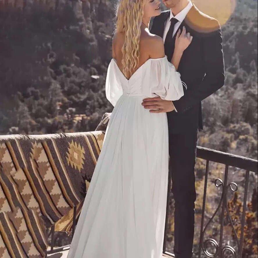 Plus 2022 Size Charming Simple Bohemian Chiffon Boho Wedding Dress Bridal Gowns Off Shoulder Front Split Puff Sleeves Sweetheart Formal Dresses Marria