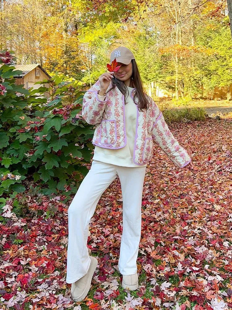 Casual printed womens cotton coat elegant stand up collar casual jacket womens quilted jacket autumn and winter top 241007