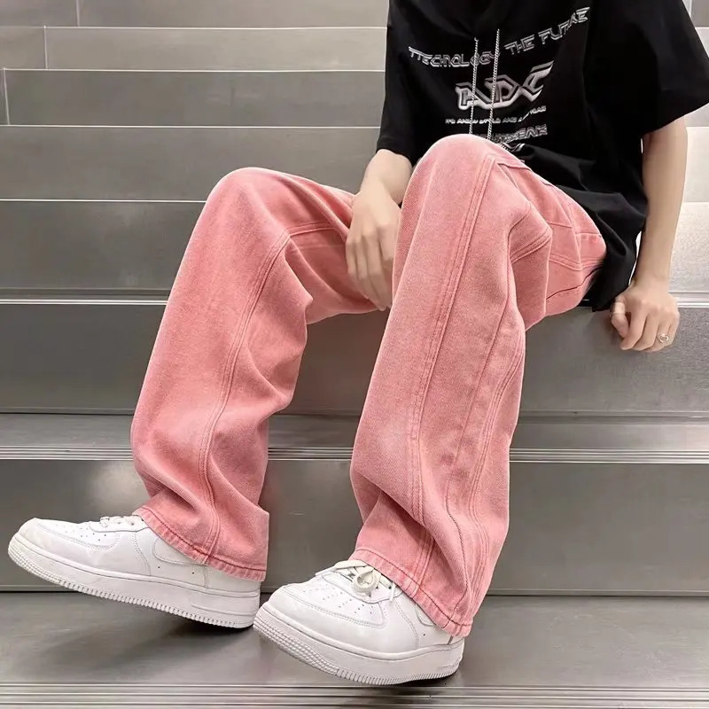 Street Vibe Style Jeans Mens Loose Straight Pants Trendy American Baggy Wide-leg Pants Pink Jeans Spring and Autumn 241009