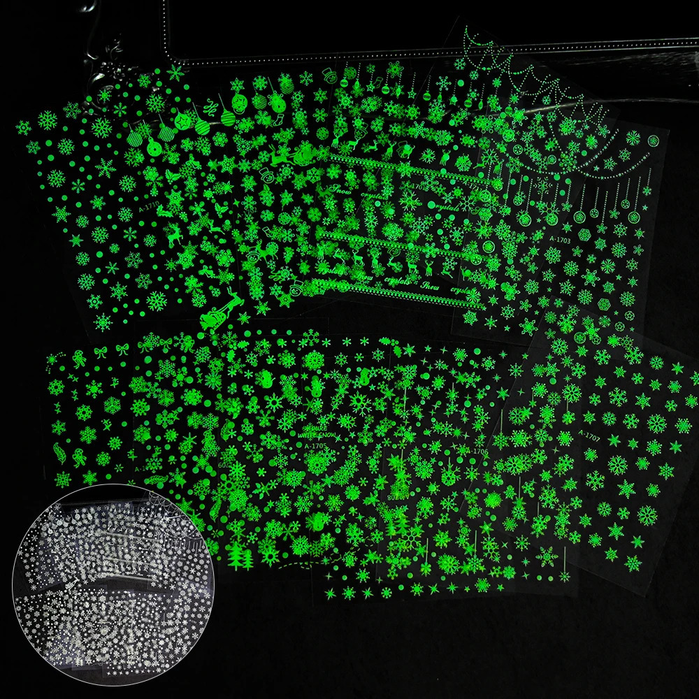 12 pieces/set of luminous Christmas series nail stickers 3D white snowflake nail stickers self-adhesive luminous in dark snowflake slider * 241008