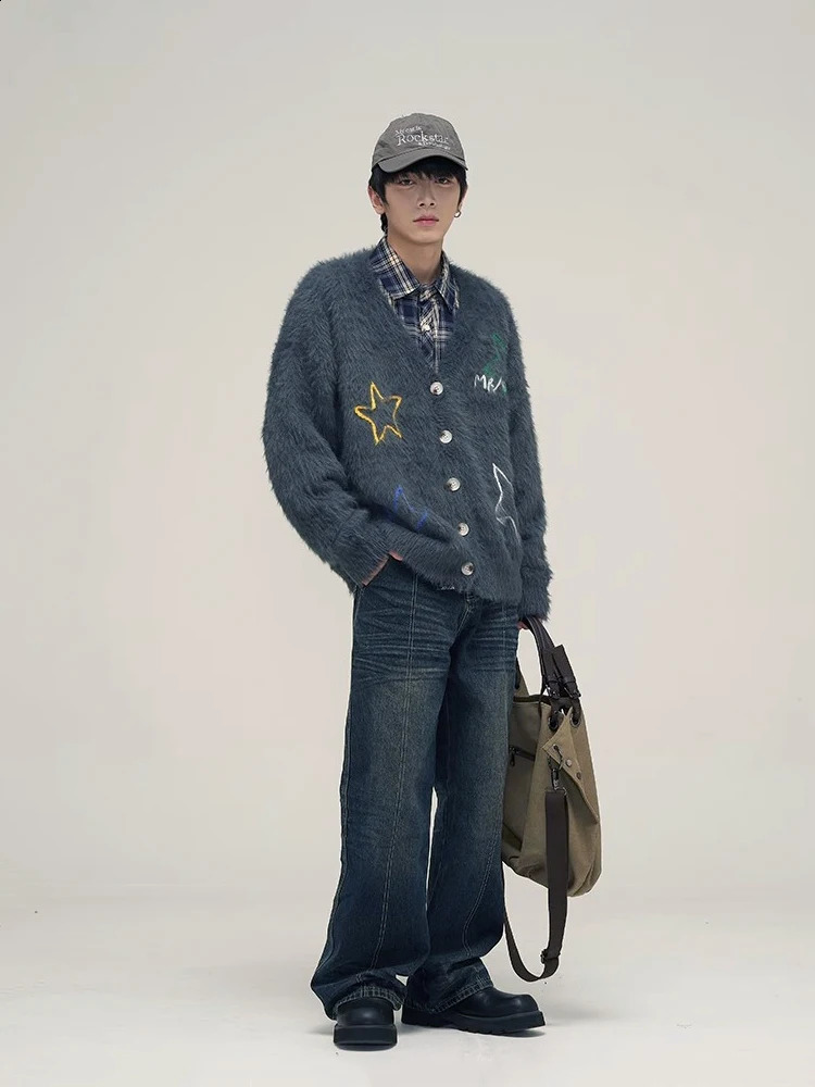 Reddachic Star Embroidered Cardigan Mens Retro Y2k Casual V-neck Button Mohair Knitted Jacket Acubi Fashion Jacket 241007