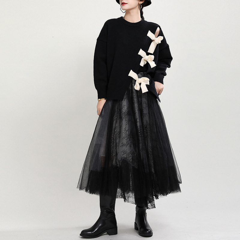 DEAT Autumn Fashion Women Full Sleeve O Collar Slim Wild Loose High Street Lace Up Bow Pullover Knitted Sweater TU082 201223