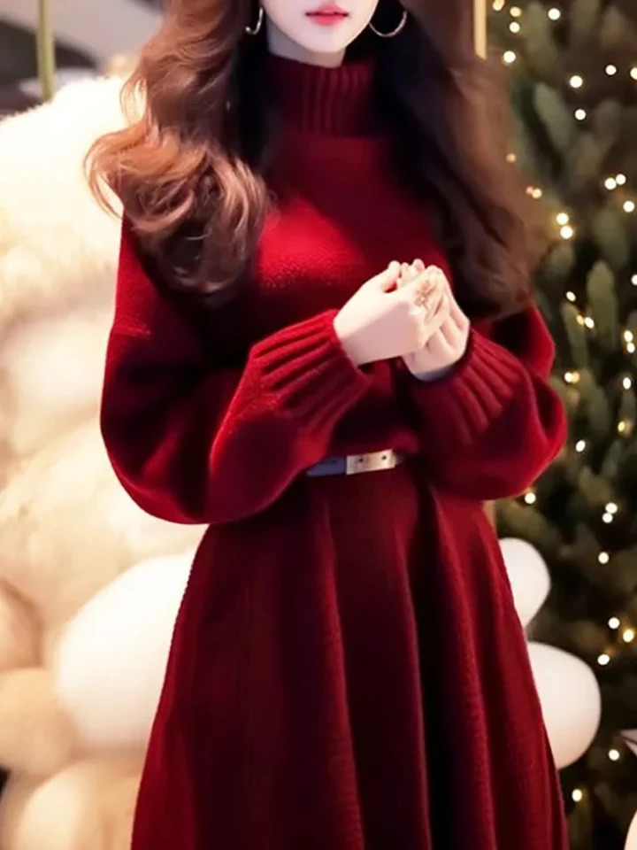 Retro long sleeved womens knitted sweater autumn solid color half neck thick dress 241007
