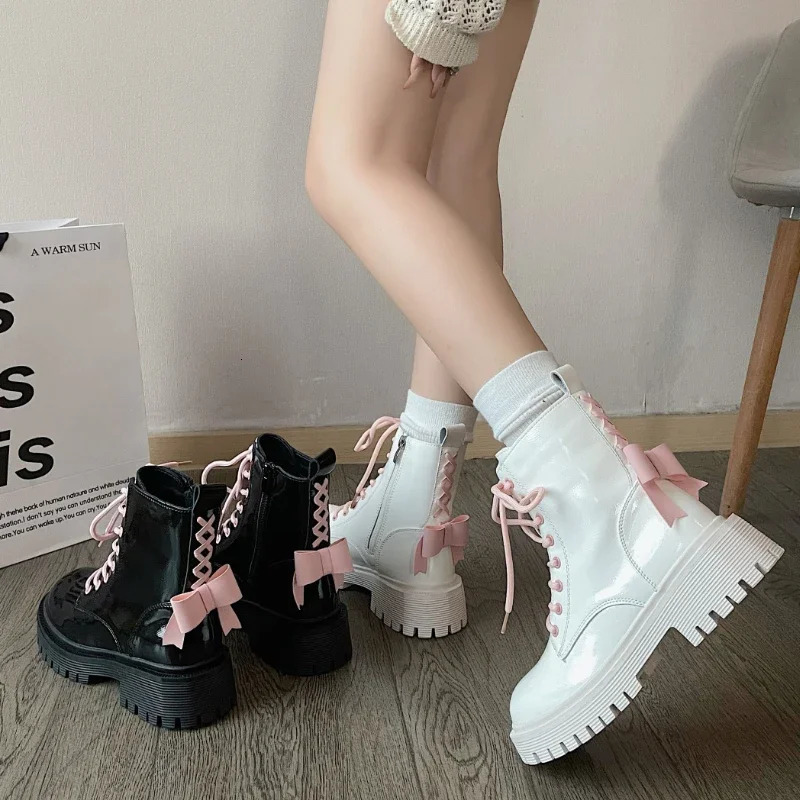 Punk Thick Platform Motorcycle Boots Womens Fashion Bow Lace Top Thick Bottom Ankle Boots Womens Autumn Winter Gothic Shoes 241007