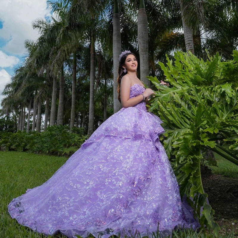 Lavender Sweetheart Ball Gown Quinceanera Dresses Beaded Appliques Birthday Party Gowns 3D Flowers Ruffles Sweet 16 Vestidos De 15 Anos
