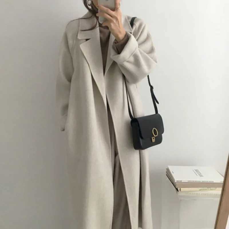 Wool Coats Long Women Midi Waist Lace Up Belt Blends Splice Full Sleeve Cardigan Solid Thick Warm Jackets Straight Winterx2