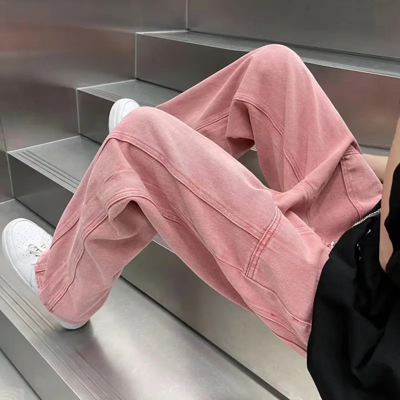 Street Vibe Style Jeans Mens Loose Straight Pants Trendy American Baggy Wide-leg Pants Pink Jeans Spring and Autumn 241009