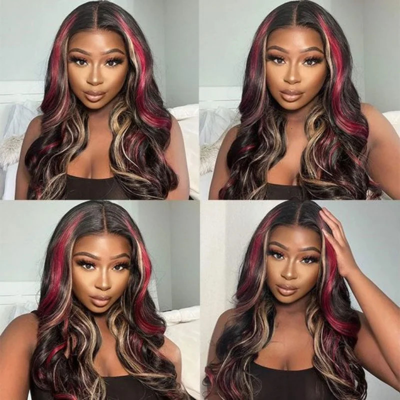 Black red gold high gloss wig synthetic 13x4 lace front wig red and gold loose wavy wig lace front wig female 241007