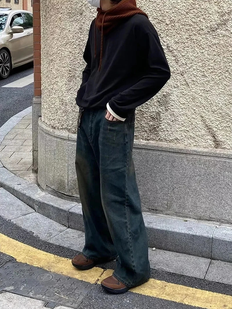 Reddachic Retro Green Mens Laundry Pocket Jeans Casual Wide Legs Adjustable Waist Y2k Pants Street Style Work Clothes Trousers 240929