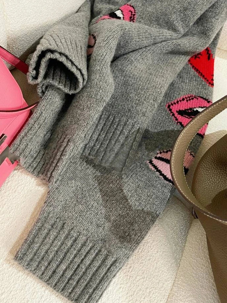 Autumn and Winter Wool Lanhua Womens Round Neck Loose Set Love Lipstick Sweater Cashmere Knitted Bottom 241007