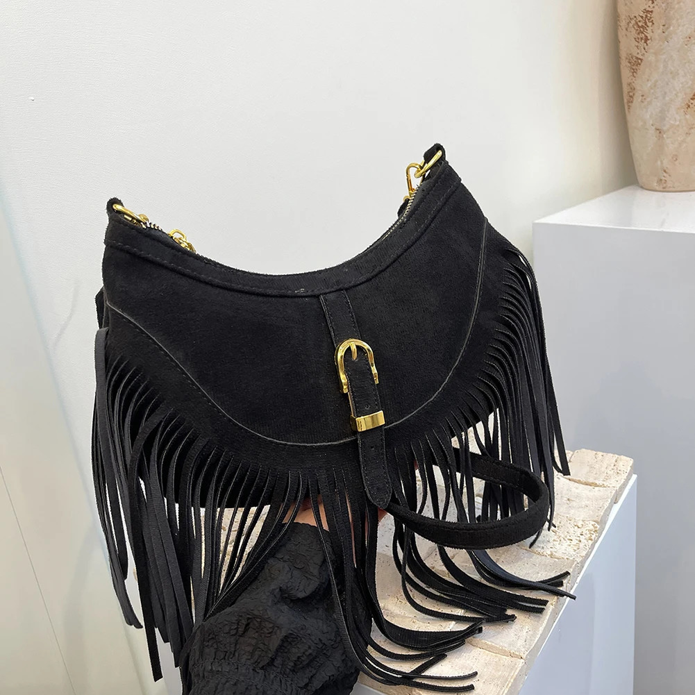 Edge Tramp Bag Adjustable Shoulder Straps Womens PU Leather Underarm Wallet Retro Cross Body Bag Tassel Wallet Travel Bag 241008