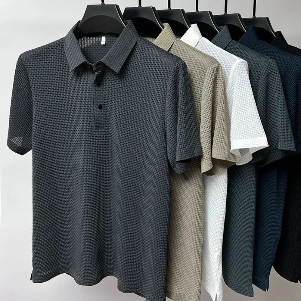 Summer T Shirt Mesh Ice Silk Cool down Breathable Short Sleeve Mens Shirt Collar Solid Polo Shirt Half Sleeve Men Clothing 241009