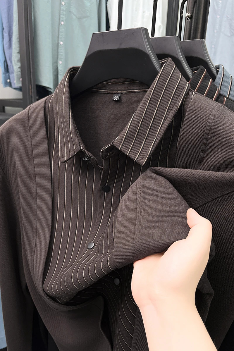 Fashion patchwork shirt collar knitted cardigan sweater mens autumn and winter high-end Korean striped casual sweater jacket 241007