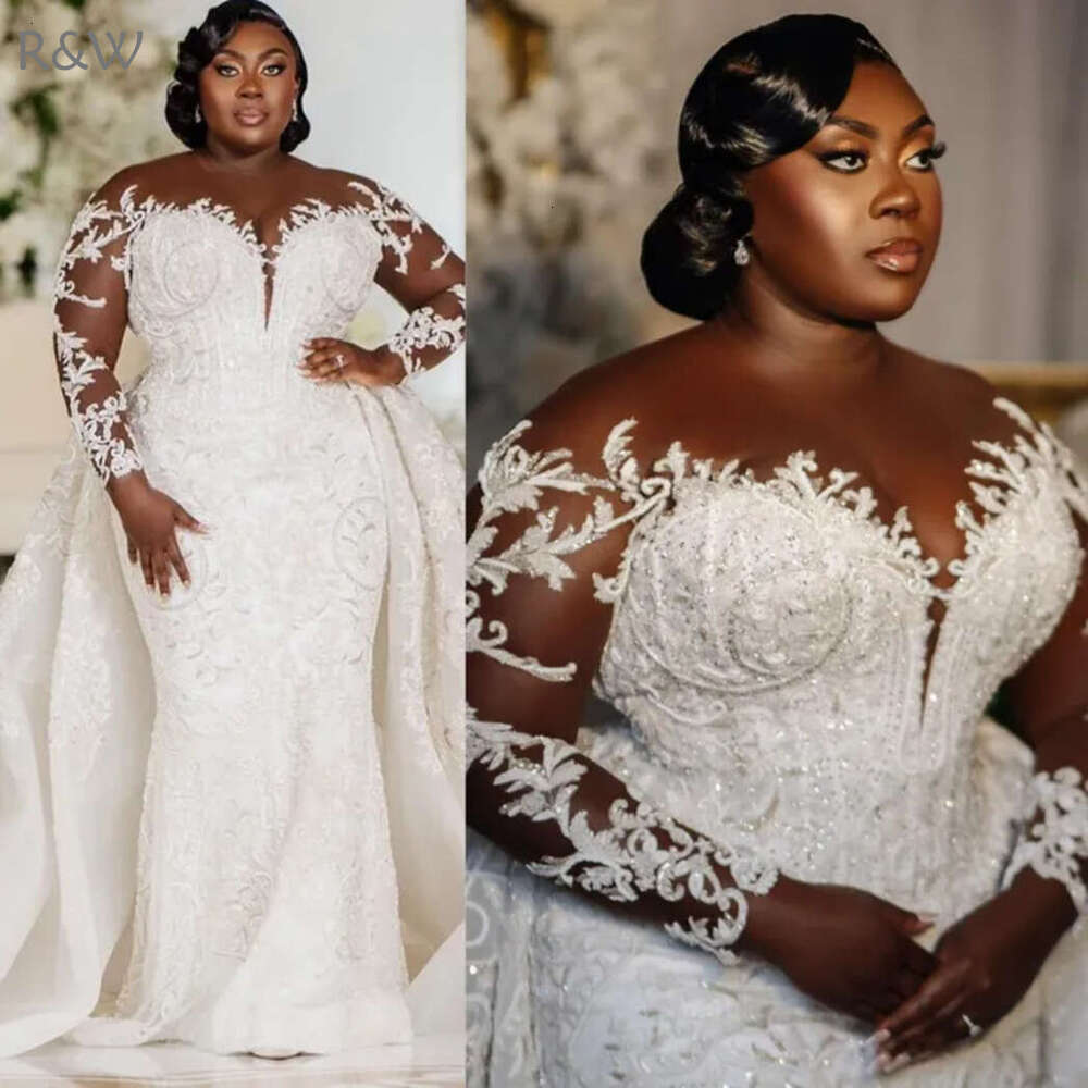 R&W Plus Size Aso Ebi Wedding Dresses Sheer Neck Illusion Long Sleeves Tulle Lace Bridal Gowns with Detachable Train for Nigeria Black Women Mermaid M