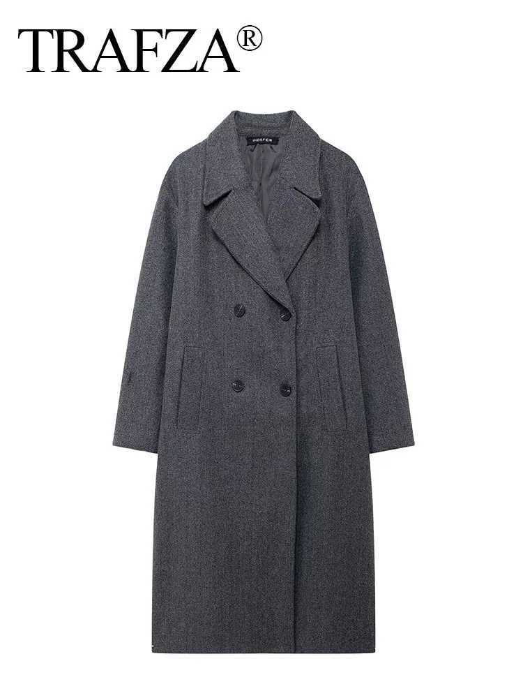 TRAFZA Woman Winter Warm Long Outwear Chic Elegant Women Solid Grey Long Sleeve Pockets Double Breasted Fake Woolen Coat 2024X241009