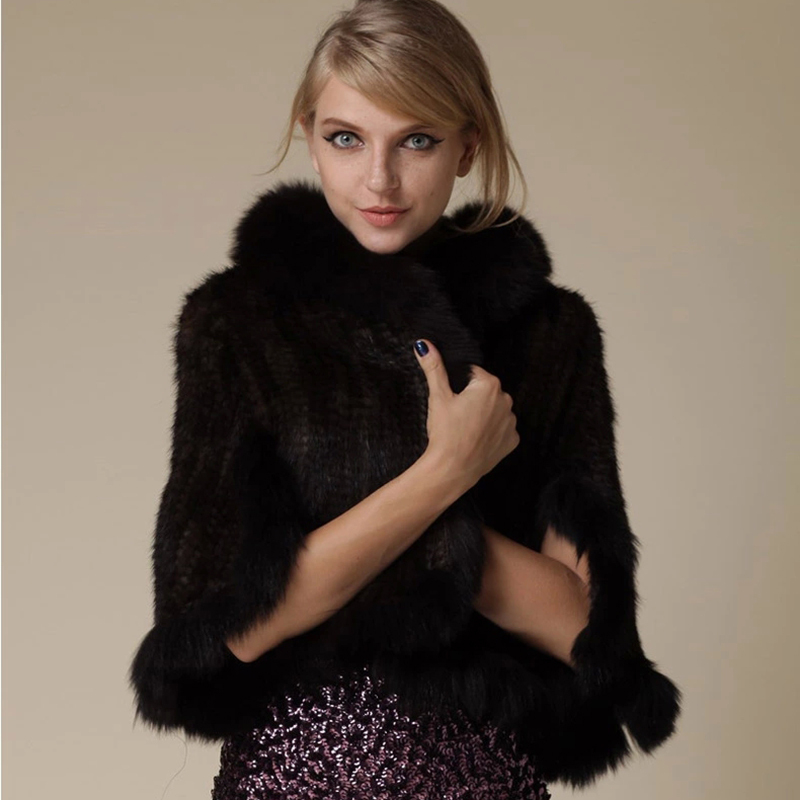 New Real Genuine Natural Knitted Mink Shawl Coat With Fox Fur Collar Womens Fashion Knit Jacket Cape