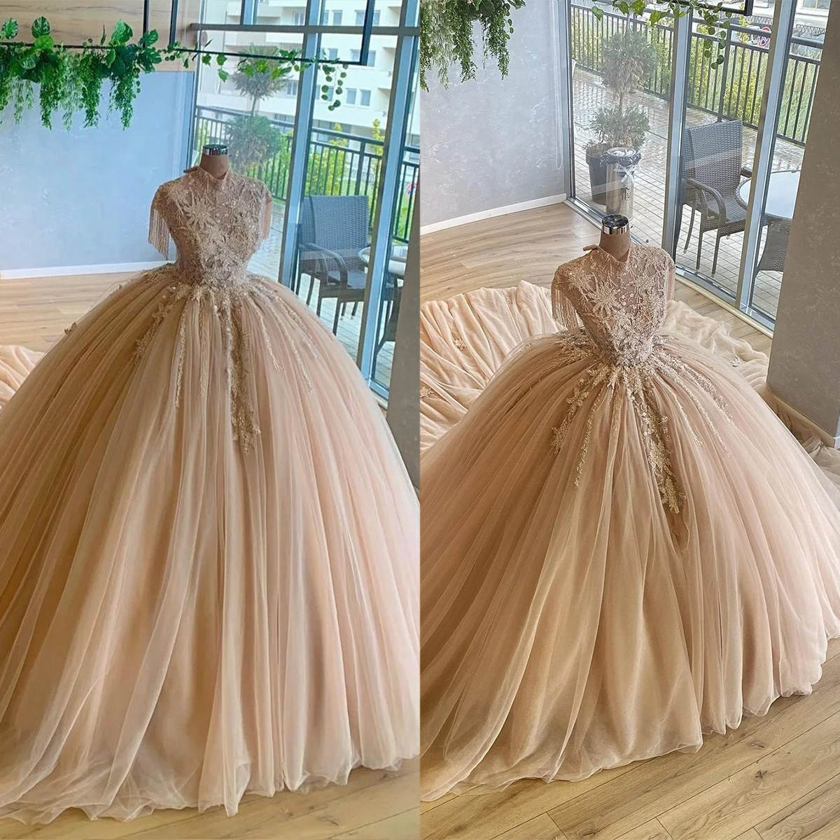Blush Pink Princess Quinceanera Dress High Neck Sequins Beading Lace Party Sweet 16 Gown Vestidos De 15
