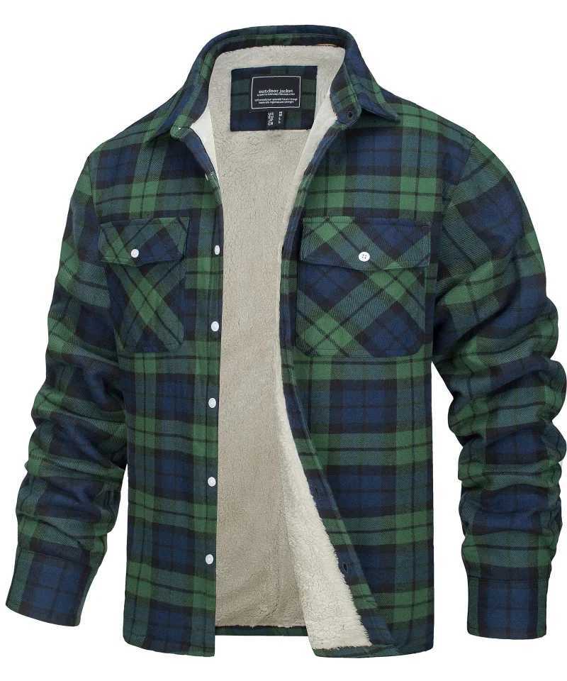 Mens Flannel shirt jacket quilted lining long sleeve plaid coat Men Thick Cotton Coat Men Oversize Winter jacket LX241009