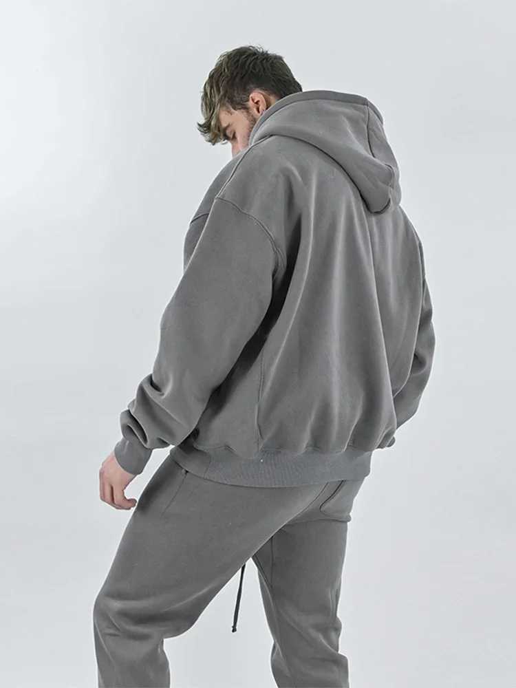 Men's Hoodies Sweatshirts Mens Tracksuits Fashion Solid Plush Tracksuit Large Pocket Hooded Pullover Autumn Winter Elastic Drawstring Sports Q241
