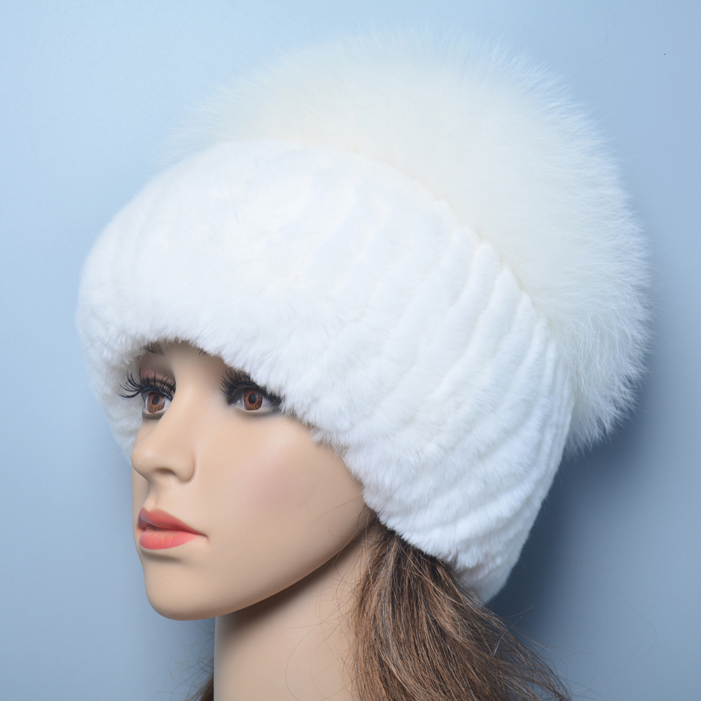 Russia Lady Winter Real Women Warm Knitted Genuine Hat Top Natural Fox Bomber Caps Rex Rabbit Fur Cap