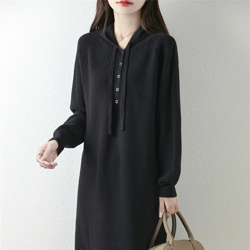 Hoodie knitted wool dress Womens AutumnWinter Style Loose hoodie Wearing a long coat 241007