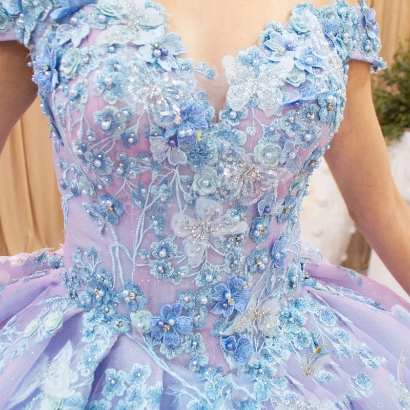 Mexico Lilac Sweetheart Ball Gown Quinceanera Dresses Applique Lace Bow Beaded Tull Birthday Party Sweet 16 Dress Vestido 15 De XV Anos