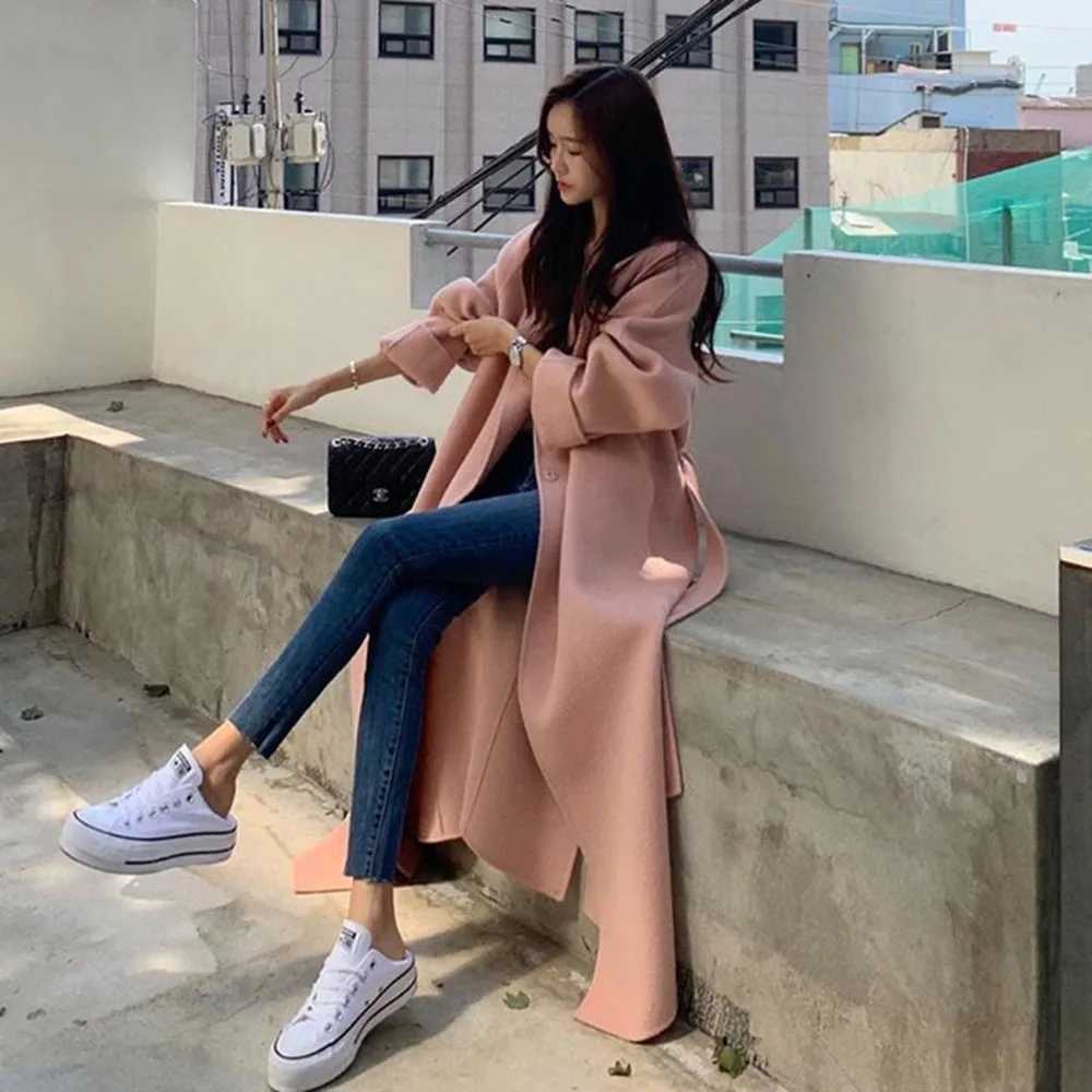 2023 Korean Style Women Long Woolen Blends Jacket Casual Cardigan Coats Fashion Autumn Overcoat Lady Wool Coat Warm Pink OutwearX241009