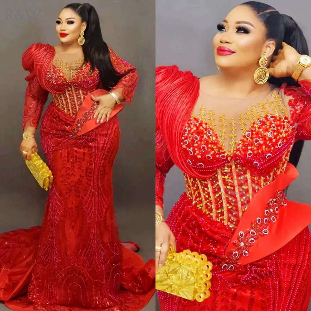 R&W 2024 Plus Size Red Prom Evening Dresses Formal For Women Sheer Neck Long Sleeves Beaded Lace Rhies Birthday Dress Second Reception Gowns AM414