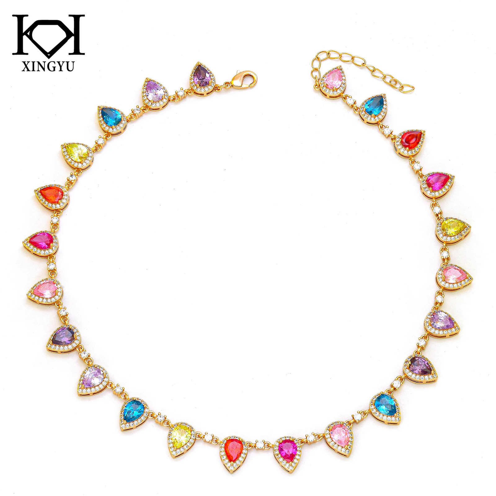 Fashionable Sweet Rainbow Candy Colorful Water Drop Shaped Splicing Zircon Copper Gold Plated Necklace for Women 240929