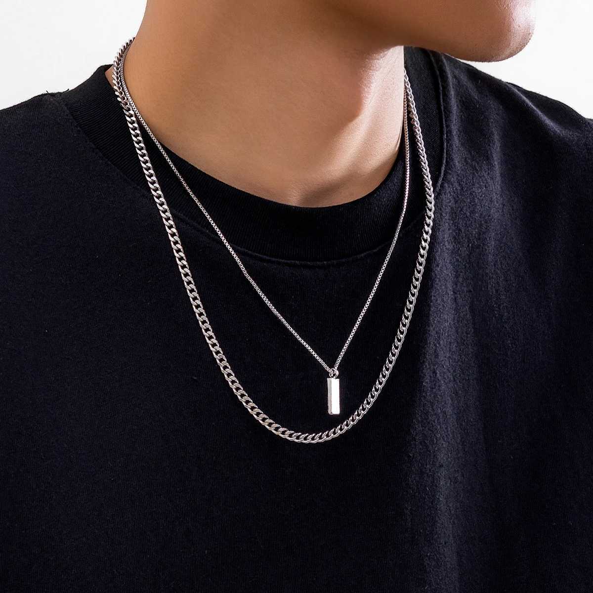 KunJoe 2pcs/set Rectangular Pendant Box Chain Necklace for Men Punk Silver Color Cuban Link Chain Choker Necklace Party W250318