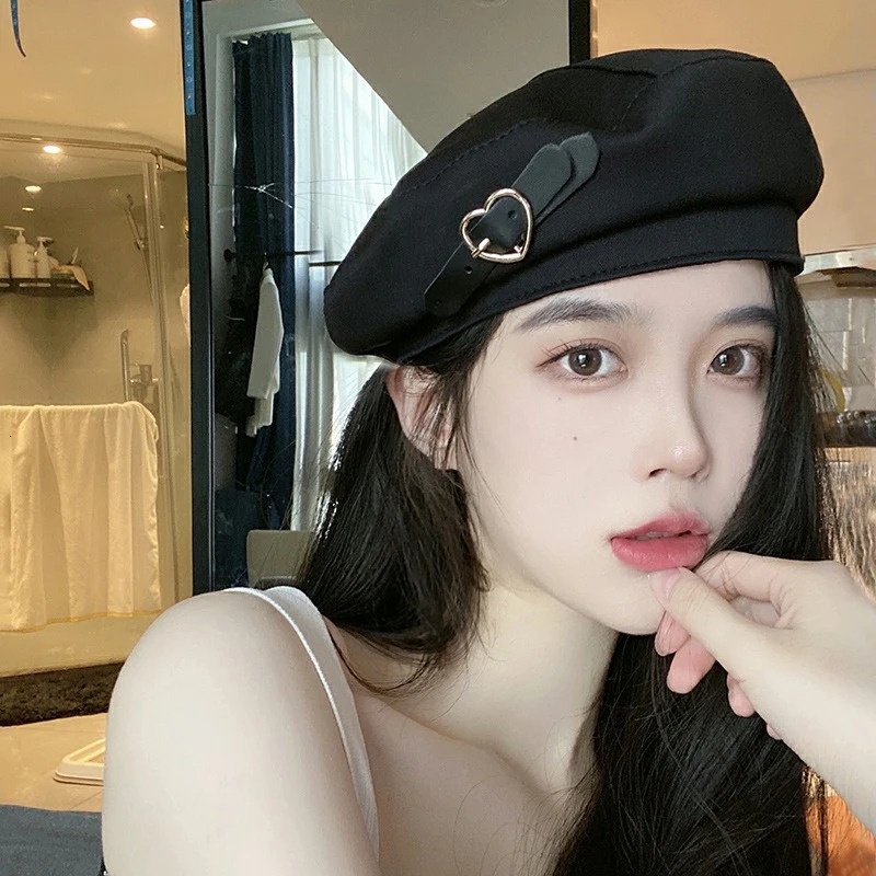 metal heart-shaped buckle black beret autumn winter warm hip-hop hat retro elegant womens decorative hat 241007