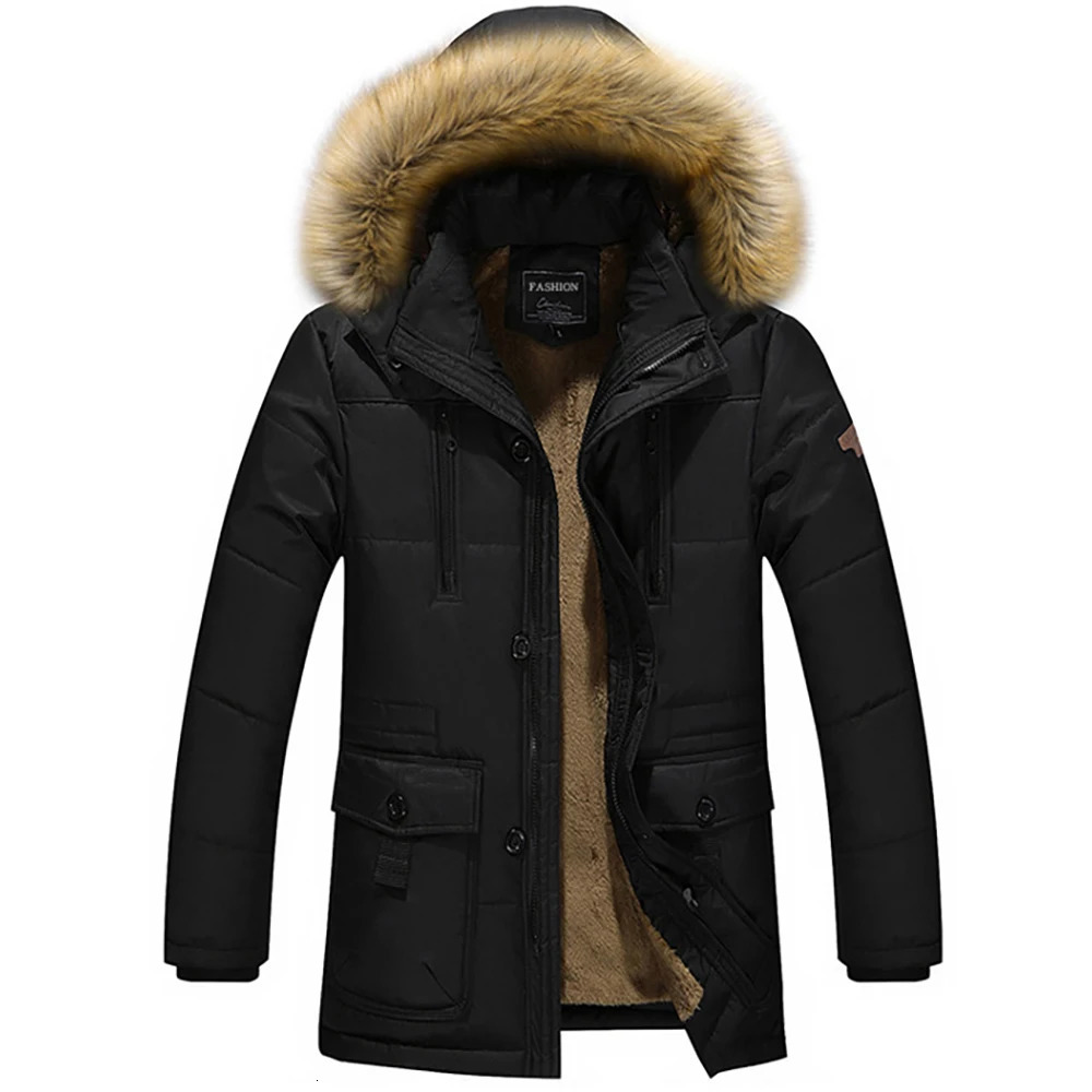 TRAF Winter Fashionable and Comfortable Mens Raccoon Collar Medium length Wool Plus Large Size Hooded Cotton padded Jacket 240929