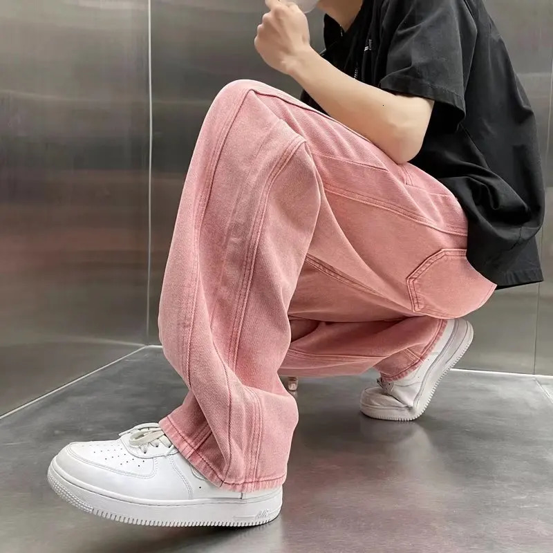 Street Vibe Style Jeans Mens Loose Straight Pants Trendy American Baggy Wide-leg Pants Pink Jeans Spring and Autumn 241009