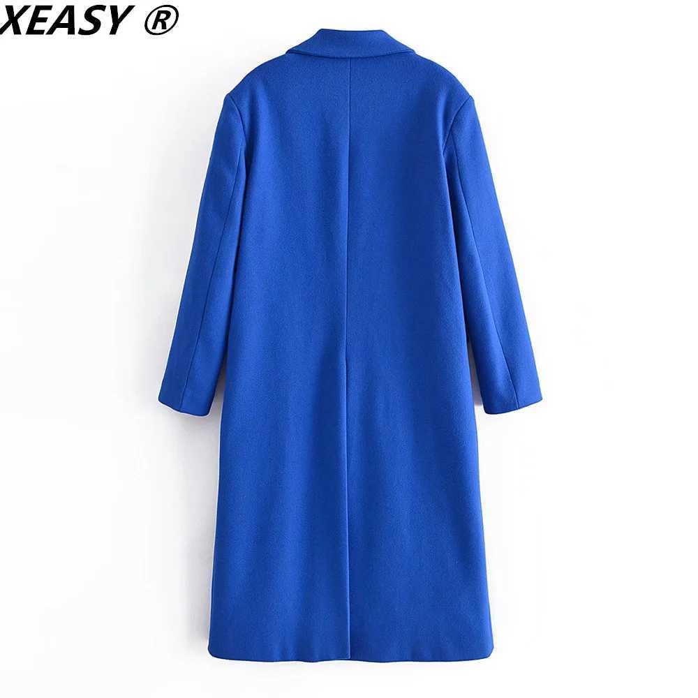 XEASY Womens Coat Autumn Woolen Coat Long Overcoat Jackets For Women 2021 Blue Womens Long Jacket Cardigan StreetwearX241009