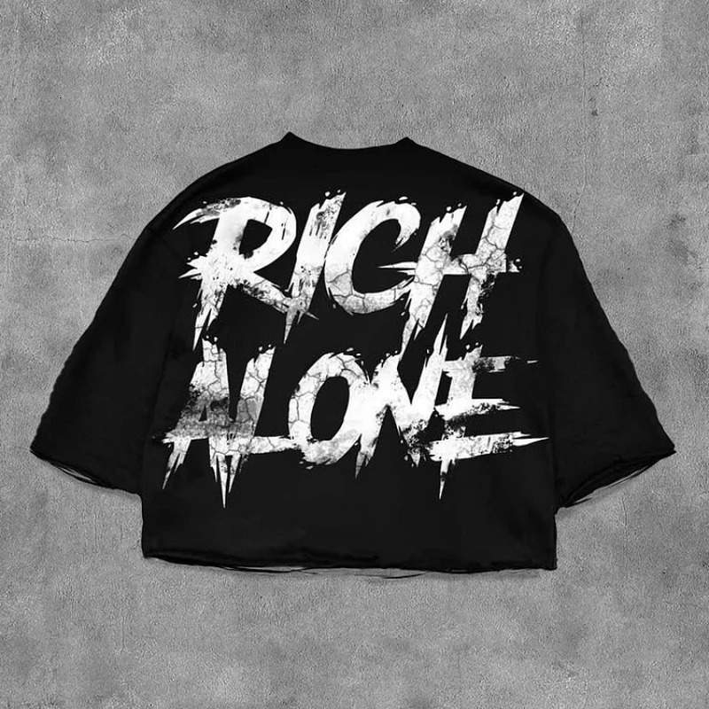 Rich Alone Graphics Print 100% Cotton Cropped T-Shirts Men Y2K Summer Short Sleeve Vintage Oversize Tshirt Streetwear Women Tops 241008