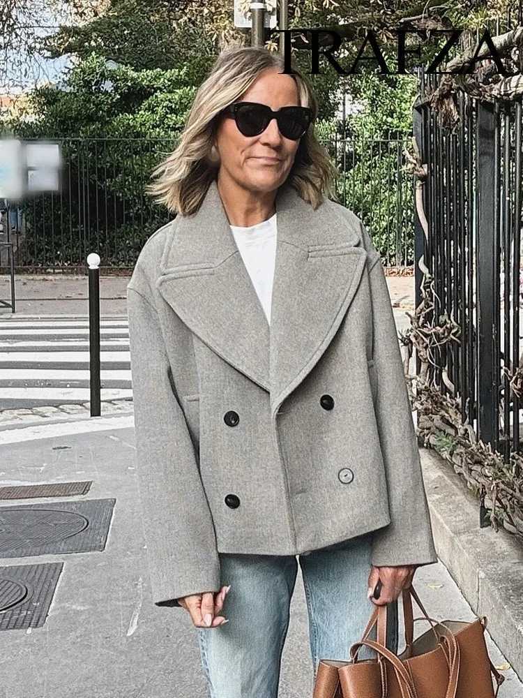 TRAFZA Winter Fashion Women Coats Solid Turn-Down Collar Long Sleeves Pockets Double Breasted Female Casual Winter Coat 2 ColorX241009