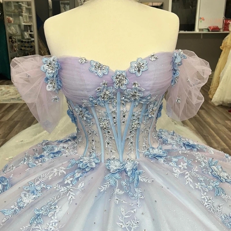 Sky Blue Quinceanera Dresses Sweet 16 Dress Birthday Party Gown Off Shoulder Applique Lace Beads Princess Pageant Vestidos 15 XV Anos