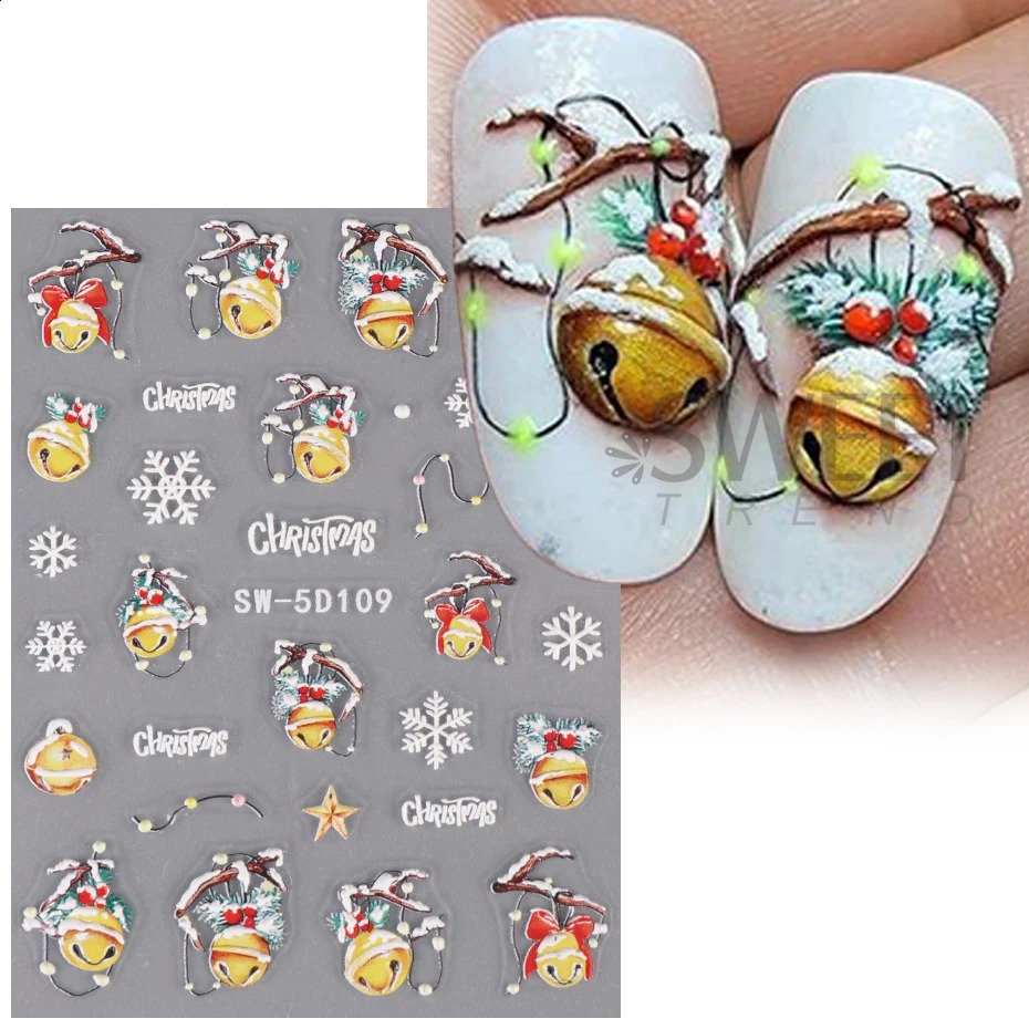 5D Red Christmas Nail Stickers Sparkling Embossed Snowflake Gloves Badminton Bells Winter Christmas DIY Carving Handmade Decoration 241008