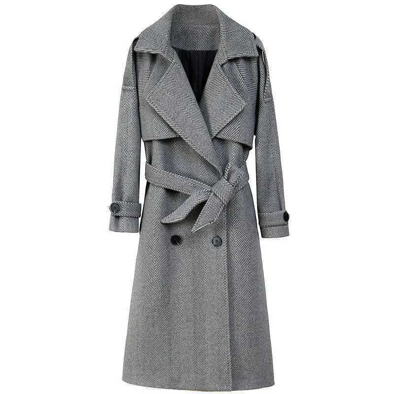 Womens Woolen Coat Autumn Winter Korean Long Sleeve Double Breasted Pocket Sashes Parkas Wool Jackets Loose All Match OvercoatX241009