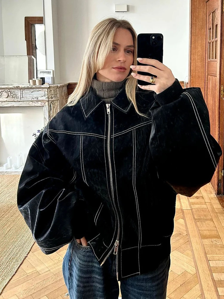 Retro PU leather loose jacket womens winter wine red zipper long sleeved lapel baseball bomber jacket fashionable womens clothing 240930